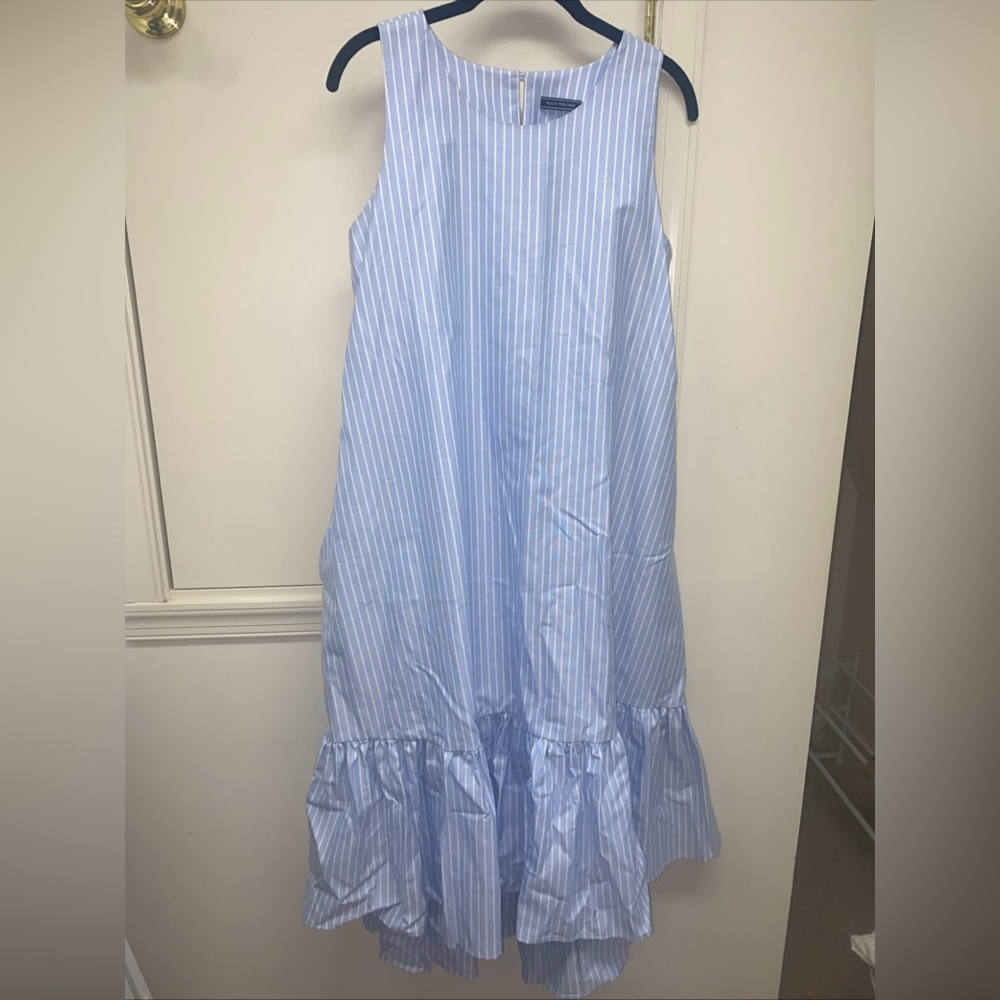 MDS Stripes Blue with white stripes sleeveless dress. High/low.